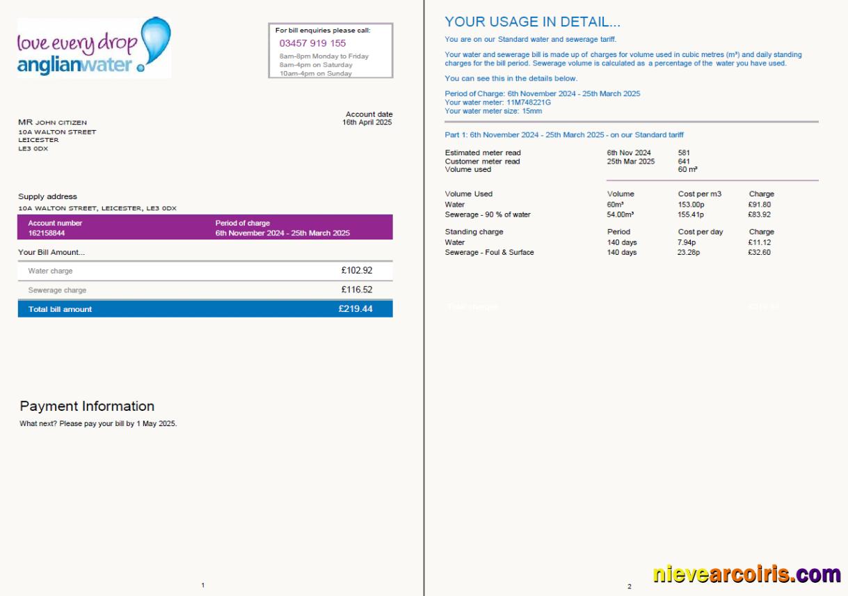 United Kingdom Anglian Water utility bill, 2 pages